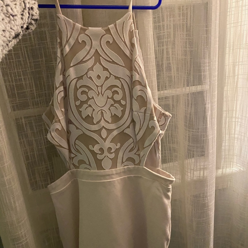 White and Tan Bebe homecoming dress